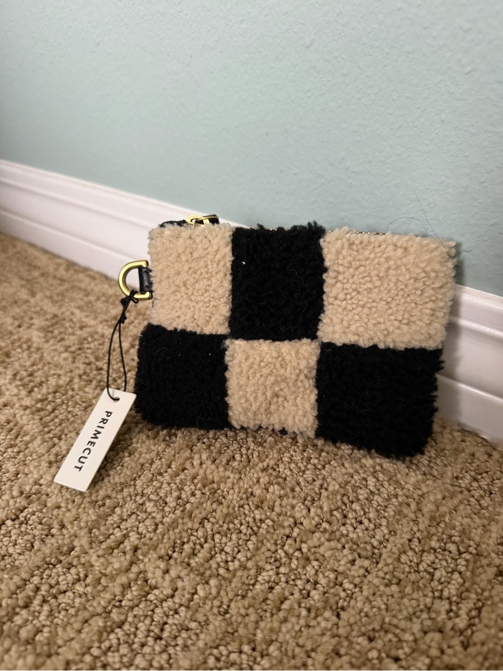 Primecut Black and Cream Checkered Sherpa Wristlet Clutch
